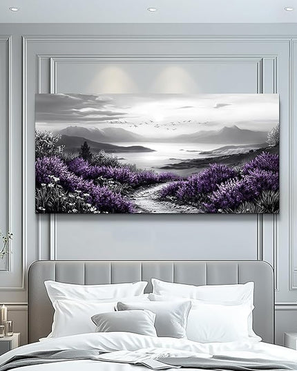 KELIYUAN Black And White Home Decoration Canvas Wall Art For Restaurant Natural Landscape Painting Printing Landscape Purple Grass Picture Suitable For Living Room Bedroom Office Wall Decor 20x40In