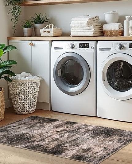IOHOUZE Abstract Runner Rug 2x5 Ft Washable Runners for Hallways, Non Slip Kitchen Runner Printed Faux Wool Entryway Runner Indoor, Modern Abstract Floor Carpet for Hall Kitchen Bedroom, Brown/Rust