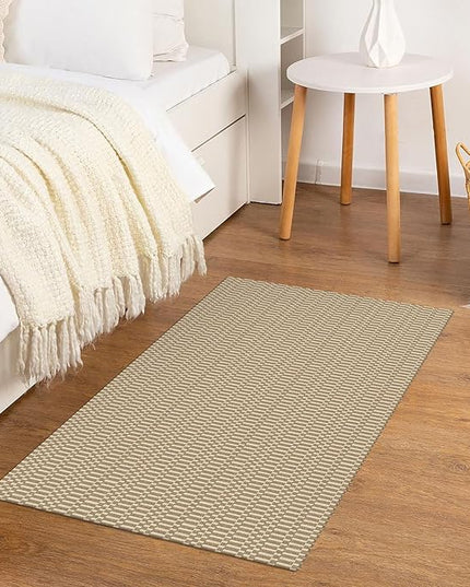 KOZYFLY Washable Area Rug 2x3 Ft Small Entryway Rug Indoor Door Mat Throw Rugs with Rubber Backing, Braided Cotton Floor Carpet for Front Entrance Bathroom Kitchen Foyer, Sand/Ivory