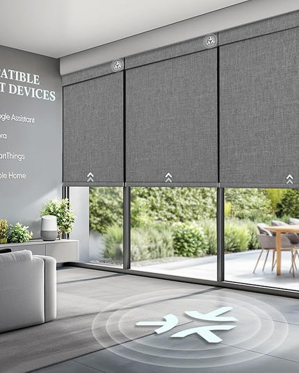 Motorized Blinds with Remote, Hub-Free Smart Blinds Work with Alexa, Automatic Roller Shades for Windows with Matter Motor, Cordless Blackout Shades, Solar Panel, Rechargeable, Grey, 23*72