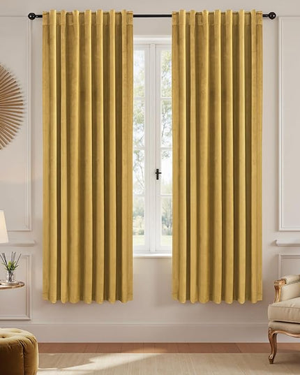 KOUFALL Gold Velvet Curtains 63 Inch Length for Living Room, Luxury Christmas Black Out Art Deco Curtains for Bedroom Dining Room