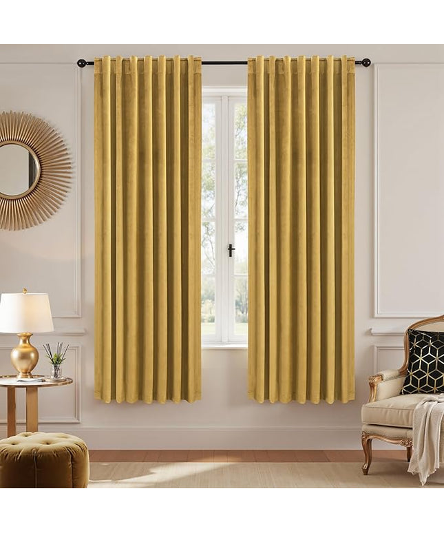 KOUFALL Gold Velvet Curtains 63 Inch Length for Living Room, Luxury Christmas Black Out Art Deco Curtains for Bedroom Dining Room
