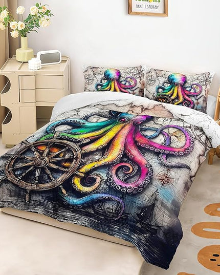 AILONEN Octopus Window Drapes Comforter Set Queen Size,Nautical Adventure Map & Ship Wheel Bedding Sets,Ocean Animal Sealife Duvet Set,3-Piece, 1 Quilt and 2 Pillowcases,Soft Microfiber