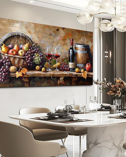 XIGUANGART Red Wine Glass Wall Art Grape Barrel Painting Kitchen Artwork Prints for Dinning Room Bar Large Canvas Wall Decor for Living Room Office Fruit Still Life Picture Modern Home Decoration