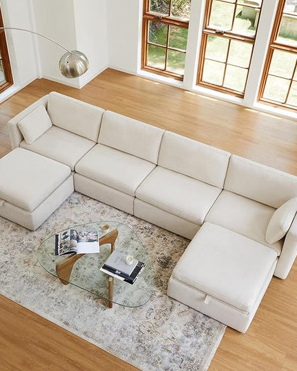 CHITA Oversized Modular Sectional Fabric Sofa Set, FSC Certified Extra Large U Shaped Couch Reversible Chaise Modular Sectional Couch, 146 inch Width, 6 Seat Modular Sofa with Storage Ottomans, Linen