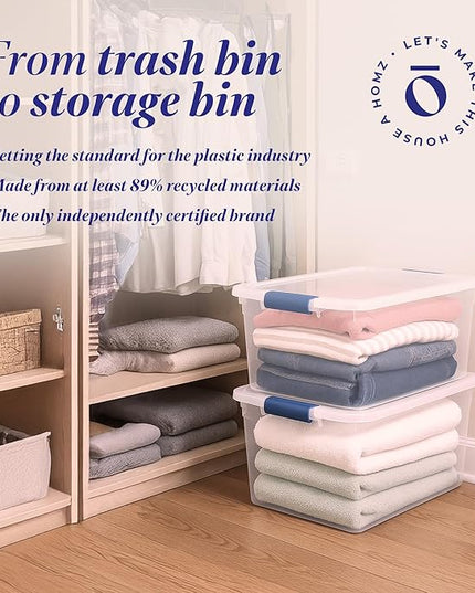 HOMZ 8-Pack Secure Latch, Clear Plastic Storage Organizer Bins, 31 Quart, Blue Latches - Stackable Container Boxes for Bedroom, Bathroom, Garage, and Office Organization