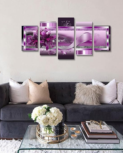 LUDUHU Purple Orchid Flowers Canvas Print - Abstract Floral Poster Wall Art Painting Decor for Home Decoration Artwork Picture Over Bedroom Purple Floral Painting(C,Oversize 60x30inch)