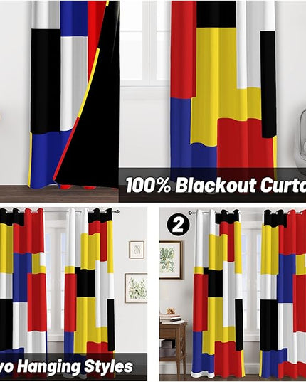 Colorful 100% Blackout Curtains for Bedroom 96 inch Long 2 Panels Set Red Yellow Modern Abstract Geometric Black Out Curtains Insulated Room Darkening Window Drapes for Living Room, 52Wx96L