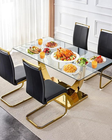 63” Glass Dining Table Set for 4,Gold Dining Room Table Set for 4,Modern Kitchen Table and PU Leather Chairs for 4, Rectangle Tempered Glass Top and Golden Base