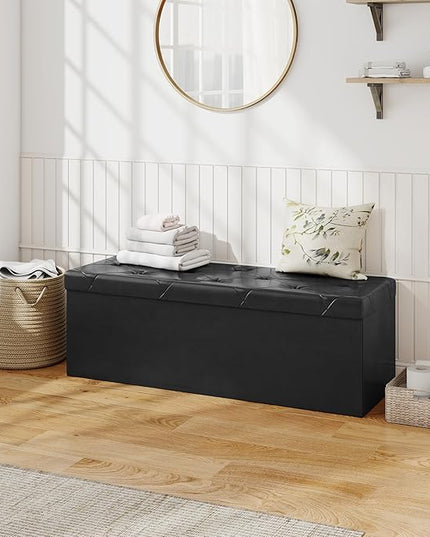 Sweetcrispy 43 Inches Folding Ottoman with Storage Bench, Foot Rest Stool, End of Bed Storage Bench Upholstered, Load 660 lbs, for Living Room, Lychee Grain Leather, Black