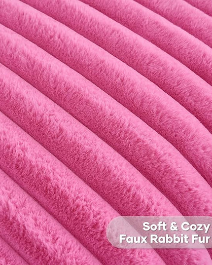FUTEI Hot Pink Throw Pillow Covers Set of 2, 22x22 Inch Striped Texture Cushion Cases with Soft Faux Rabbit Fur Front & Velvet Back, Modern Decorative Couch Pillows for Living Room