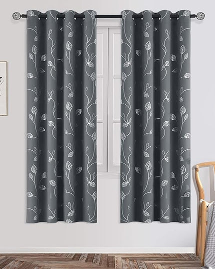 BUHUA Heat Blocking Curtains, Black Out Curtains 72 Inch Long 2 Panels Burg, Soundproof Curtains with Silver Leaf Printed (52 x 72 Inch,Grey,Set of 2 Panels)