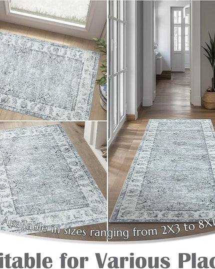 jinchan Fiora Hallway Runner Rug 3x10 Washable Runner - Vintage Floral Non Slip Low-Pile Soft Thin Faux Wool Kitchen Rug Distressed Carpet for Farmhouse Bedroom Laundry Room(3x10ft, Grey)