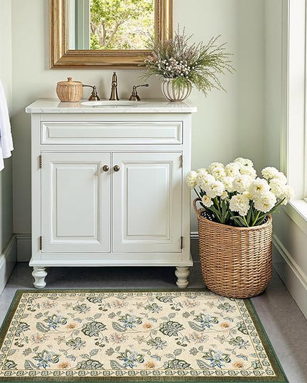 jinchan Elora 3x5 Floral Rug for Entryway Washable Rug Vintage Romance Design Christmas Small Mat Non Slip Indoor Doormat Lightweight Low-Profile Throw Carpet for Bathroom Laundry Room, Green/Beige