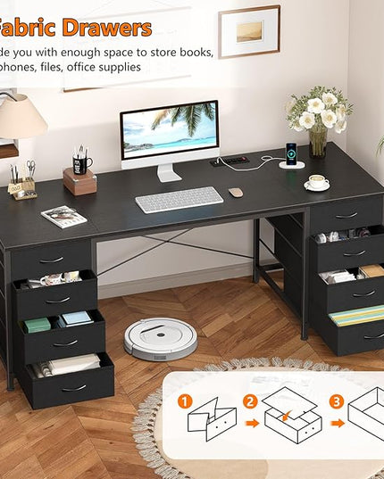60 Inch Computer Desk with 8 Drawers, Home Office Desk with Power Outlets, Work Study Gaming Desk with 8 Fabric Drawers, Black