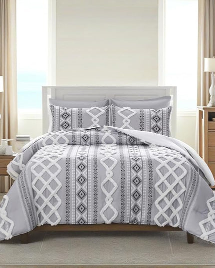 MOVE OVER Boho Tufted Comforter Set King Size 5 Pieces Farmhouse Bedding Set 100% Soft Microfiber Boho Aztec Bedroom Comforter Set Modern Style Ethnic Gray Tufted Bed Set for All Seasons