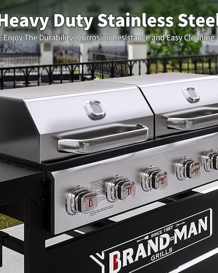 Brand-Man Griddle Grill Combo 6-Burner, 2 in 1 Versatile Propane Gas Grill and Griddle with Double Stainless Steel Lids, BBQ Combo for Outdoor Kitchen & Backyard Barbecue Cooking