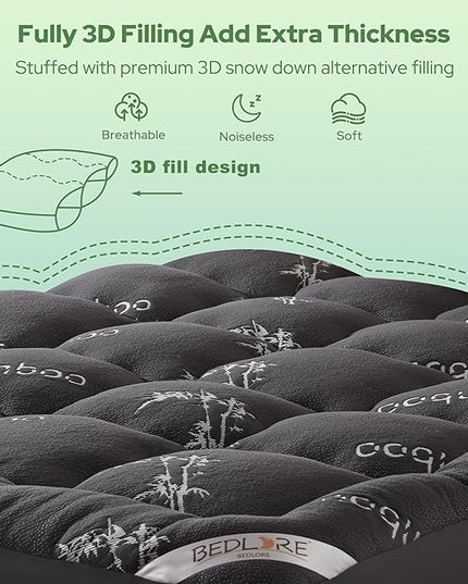 BEDLORE Twin Mattress Topper Viscose Derived from Bamboo, Thick Pillow Top Mattress Pad with Stretchable Pockets for 6"-15" Mattress, Soft Breathable Mattress Topper for Back Pain Relief(Dark Gray)