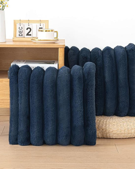 Touchat Pack of 2 Faux Fur Pillow Covers, 18x18 Inch Decorative Throw Pillow Covers with Hidden Zipper, Ultra Soft Couch Cushion Pillows Covers for Sofa/Bedroom Wide Stripe, Navy