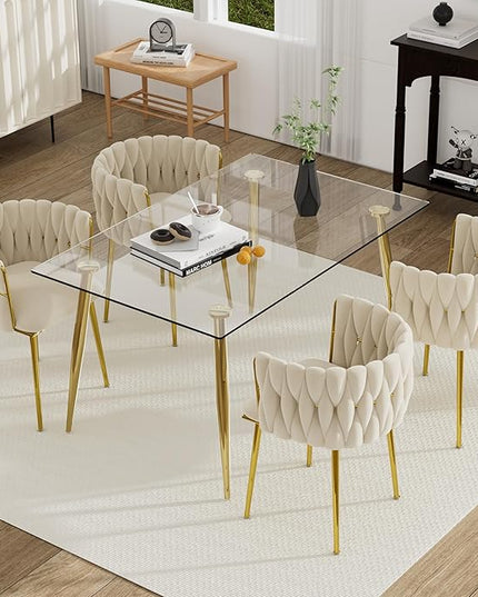 Gold Glass Dining Room Table Set for 4, 51'' Modern Luxury Rectangular Dinner Table Set, 5 PCS Clear Glass Top Minimalist Kitchen Table Set, Ivory Woven Dining Chair for Home Small Place