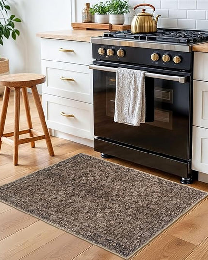 2x3 Washable Rug Soft Area Rug for Entryway, Rust Reddish Brown Non-Slip Indoor Door Mat Distressed Floral Low-Pile Kitchen Rugs, Neutral Vintage Carpet for Entrance Bedside Farmhouse