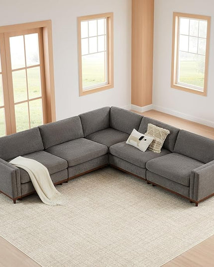 CHITA Super Large Luxury V Shape Corner Sectional Modular Sofa Set, Down Filled Modern Sofa, Deep Seat Cloud Couch, 114 inch Width, 5 Seat Couch with Chaise, Solid Wood Leg, Grey