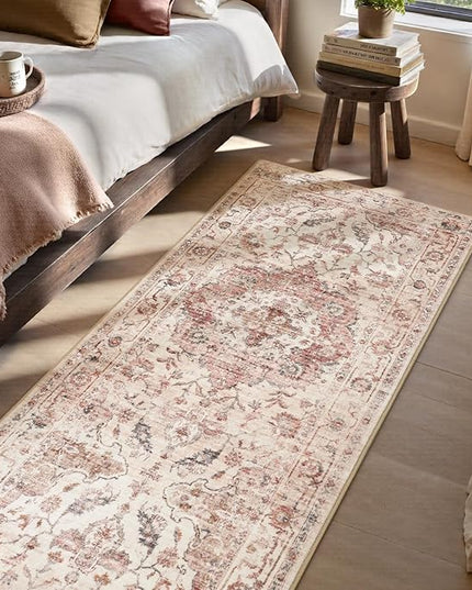 PADOOR-Vintage Runner Rug 2X10 Runners for Hallways-Soft Pink Washable Bedside Rugs for Bedroom-Non Slip Long Rug for Hallways Entryway Laundry Room Stair Kitchen Bathroom