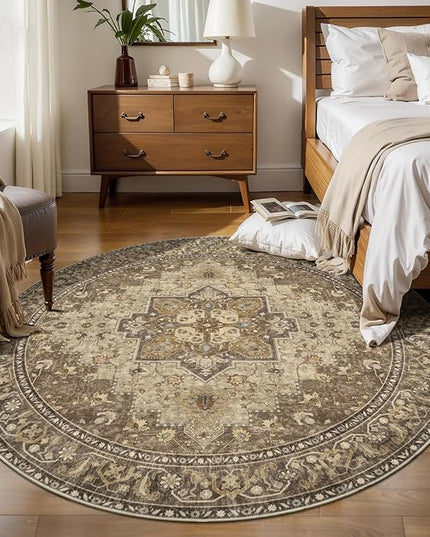 Ciicool Circle Boho Area Rug 4x4ft Round Washable Bedroom Non-Slip Vintage Entryway Throw Low-Pile Indoor Carpet for Living Room Foyer