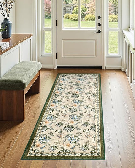 jinchan Elora 2x5 Floral Runner Rug for Hallway Washable Runner Vintage Romance Christmas Design Non Slip Thin Indoor Floor Cover Low-Profile Throw Carpet for Entryway Bedroom Porch, Green/Beige