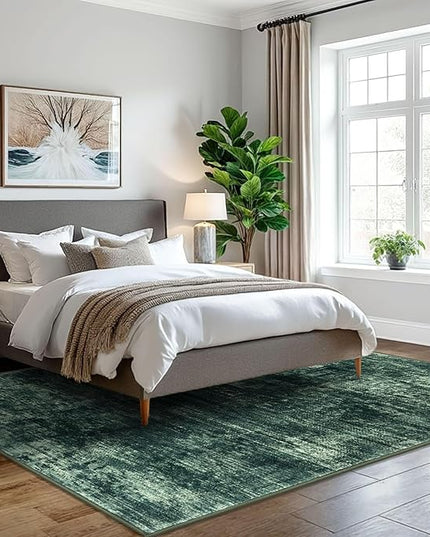 IOHOUZE Abstract Area Rugs 5x7 Ft Washable Rugs for Living Room, Non Slip Dining Room Rug, Printed Faux Wool Rugs for Bedroom, Floor Carpet for Kitchen Nursery Playroom, Dark Green
