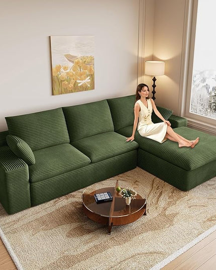 107" Cloud Couch Modular Sectional Sofa for Living Room, L-Shape Boneless Couch with Deep Seat, Modern Corduroy 3-Seater, No Assembly Required (Green,Right-Facing Chaise)