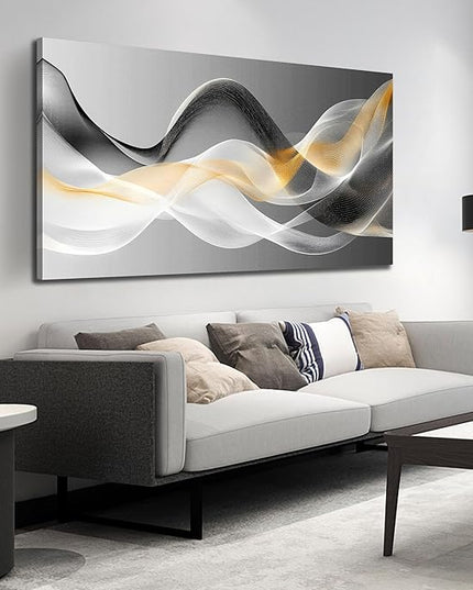 JuhaiArt Abstract Wall Art White Wall Decor for Living Room Office Large Black Canvas Art Picture Gold Artwork 29" x 59" Modern Prints