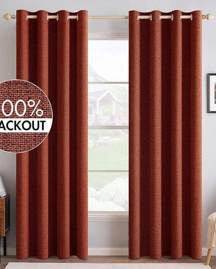 MIULEE 100% Blackout Linen Curtains for Bedroom Thermal Insulated Burnt Orange Grommet Room Darkening Curtains & Drapes Rust Terracotta Fall Decor for Living Room Nursery 52 x 96 Inch (2 Panels)