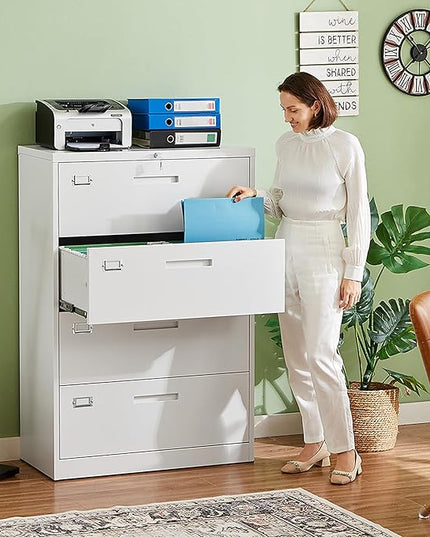 Letaya 4 Drawer File Cabinet with Lock, Metal Lateral Filing Cabinet Wide Office Organization Storage for Home Office Hanging Letter/Legal/F4/A4 (White-Requires Installation)