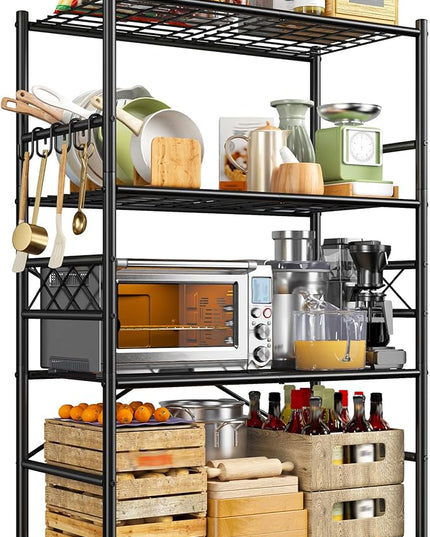 Storage Shelves 4-Tier Large Capacity Metal Shelving with Hooks, Heavy Duty Garage Shelving Unit with Leveling Feet, Stable Metal Shelves for Pantry, Kitchen and Closet,36" W x 12" D x 60" H, Black