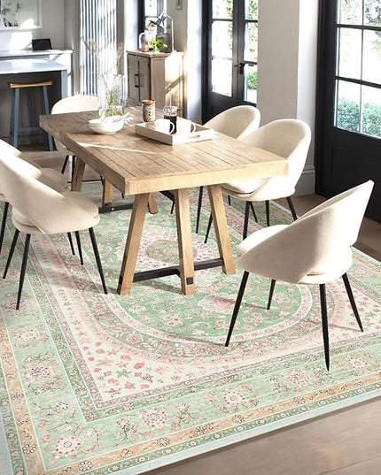8x10 Area Rugs Washable,Green Rug for Living Room Bedroom Dining Room,Large Boho Vintage Bohemian Distressed Oriental Carpet Non Slip,Sage Blush Floral