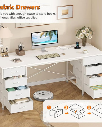 60 Inch Computer Desk with 8 Drawers, Home Office Desk with Power Outlets, Work Study Gaming Desk with 8 Fabric Drawers