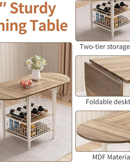 VFK 3 Piece Dining Table Set, 51 Inch Modern Kitchen Folding Breakfast Table with Right Seat Storage Corner Stools and Dining Chairs for Home Dining Room Furniture