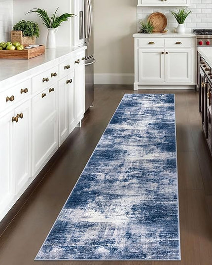 IOHOUZE Abstract Runner Rug 2x10 Ft Washable Runners for Hallways, Non Slip Kitchen Runner Printed Faux Wool Entryway Runner Indoor, Modern Abstract Floor Carpet for Hall Kitchen, Navy/Grey