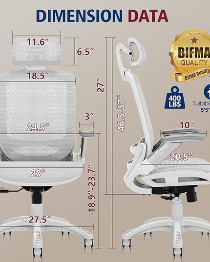 GABRYLLY Ergonomic Office Chair, High Back Home Desk Chair with Headrest, Flip-Up Arms, 90-120° Tilt Lock and Wide Cushion, 400LBS Mesh Chairs for Man Woman, White Task Chair(Grey,GY01WG)