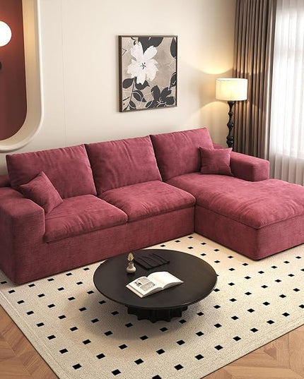107'' L-Shaped Modern Modular Sectional Cloud Couch, 4-Seat Chenille Deep-Seat Sofa with Pillow for Living Room, Bedroom, Apartment, Wine Red