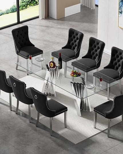 SSLine 9 Piece Glass Dining Table Set,70" Dinner Room Glass Table Set for 8,Modern Kitchen Dinner Table Set with Stainless Steel Base and 8 Upholstered Velvet Dining Chairs for Living Dining Room