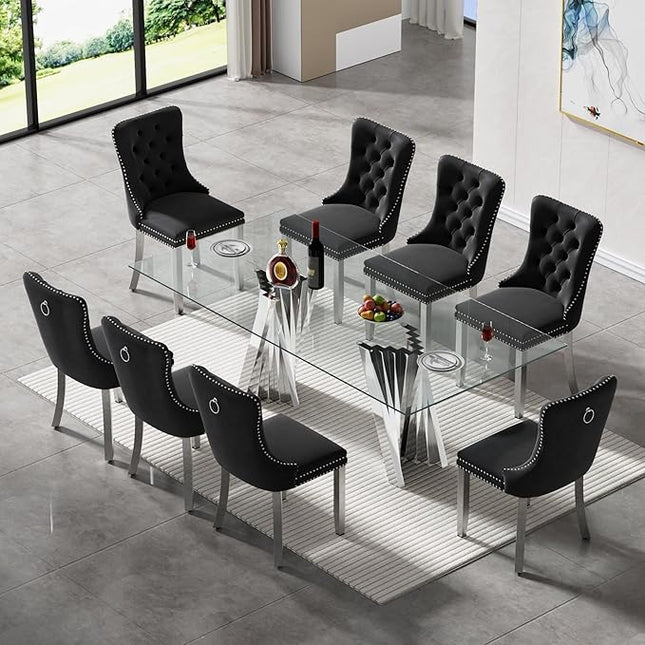 SSLine 9 Piece Glass Dining Table Set,70" Dinner Room Glass Table Set for 8,Modern Kitchen Dinner Table Set with Stainless Steel Base and 8 Upholstered Velvet Dining Chairs for Living Dining Room