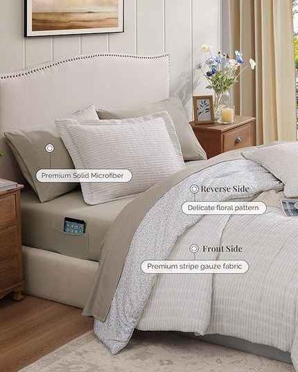 King Comforter Set - 7 Pieces Beige Gauze Muslin Bedding Sets for All Seasons, Lightweight Breathable Bed in a Bag King with Revesible Farmhouse Comforter, Sheets, Pillowcases & Shams