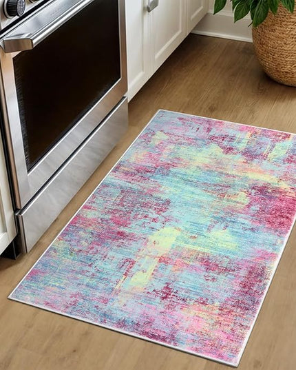 IOHOUZE Small Abstract Area Rug 2x3 Ft Entryway Rugs Washable Door Mat Indoor Entrance, Rubber Backed Throw Rugs, Printed Faux Wool Non Slip Floor Carpet for Foyer Front Door Sink, Pink Teal