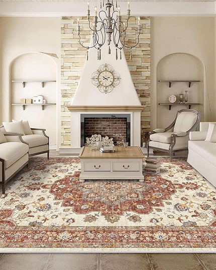 Washable Oriental Area Rug - 9x12 Rugs for Living Room Soft Carpet for Bedroom Waterproof Floral Distressed Indoor Stain Resistant Non-Shedding Floor Carpets (Red, 9x12)
