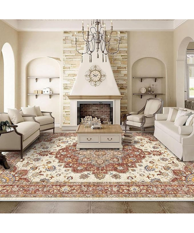 Washable Oriental Area Rug - 9x12 Rugs for Living Room Soft Carpet for Bedroom Waterproof Floral Distressed Indoor Stain Resistant Non-Shedding Floor Carpets (Red, 9x12)