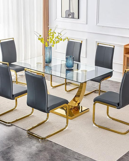 63” Glass Dining Table Set for 6,Gold Dining Room Table Set for 6 and PU Leather Chairs for 6, Dinner Table with Rectangle Tempered Glass Top and Golden Base