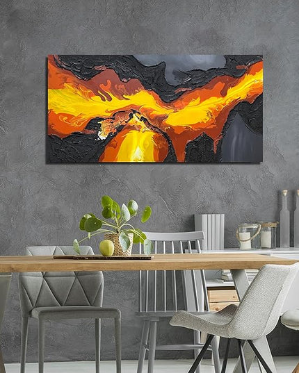 GUGIKA Abstract Wall Art for Living Room, Black and Gold Yellow Volcanic Lava Canvas Wall-Decor for Bedroom, Hand Painted 3D Textured Magma Paintings, Size 47x24 Inches