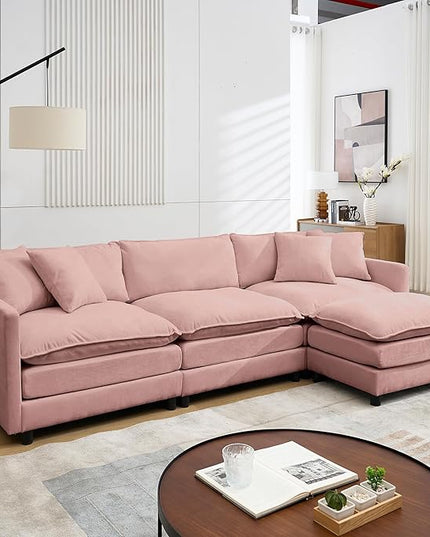 Modular Sectional Sofa,108.27'' Modern Sofa Sleeper Couch with 3 Seat & 1 Ottoman & 3 pillows Sofa Set,Comfy Cloud Couches with Movable Ottoman Deep Seat Sofa for Living Room Chenille (pink, L shaped)
